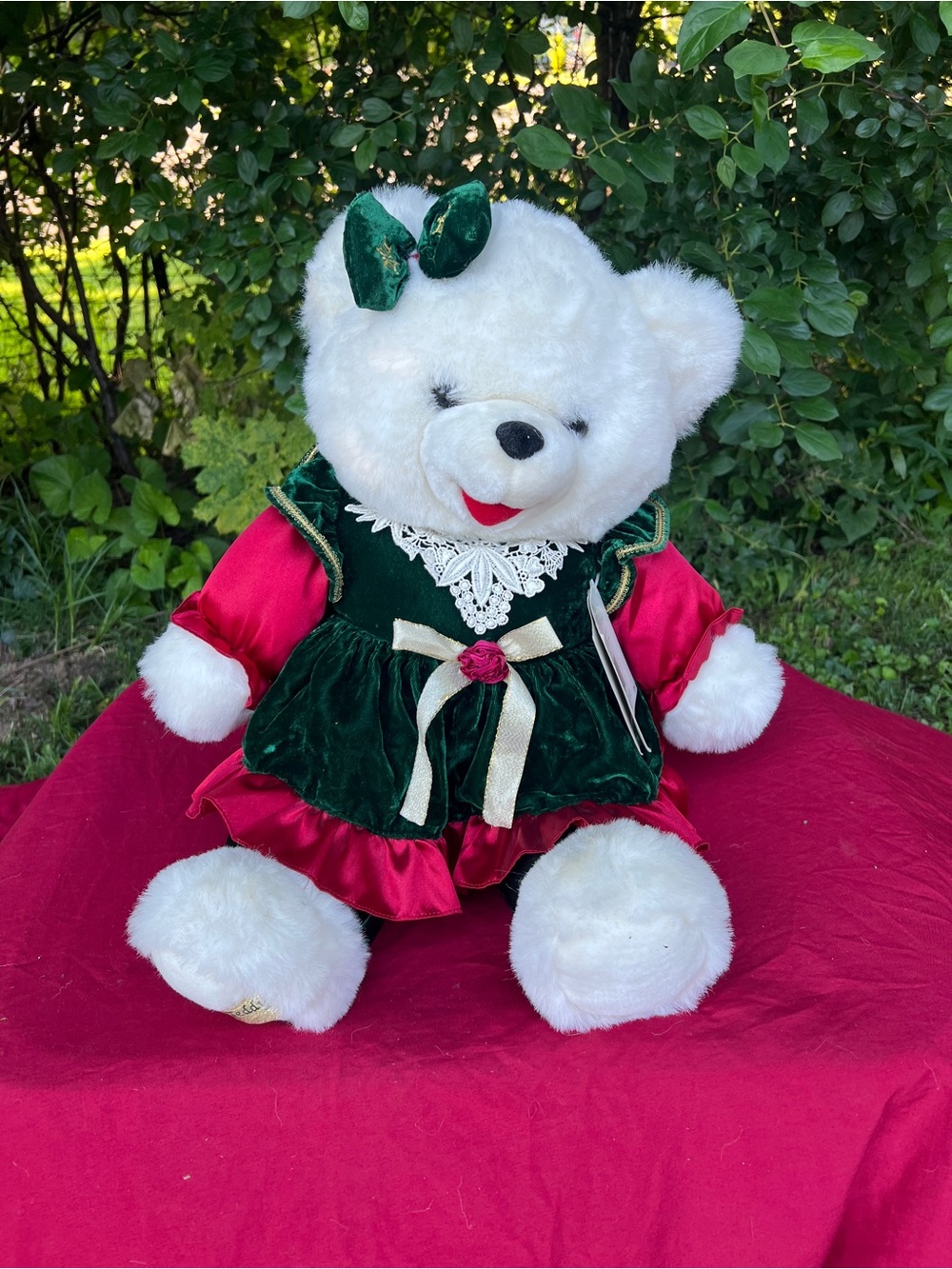 White Plush Holiday Bear in Green Velvet Dress - 1998